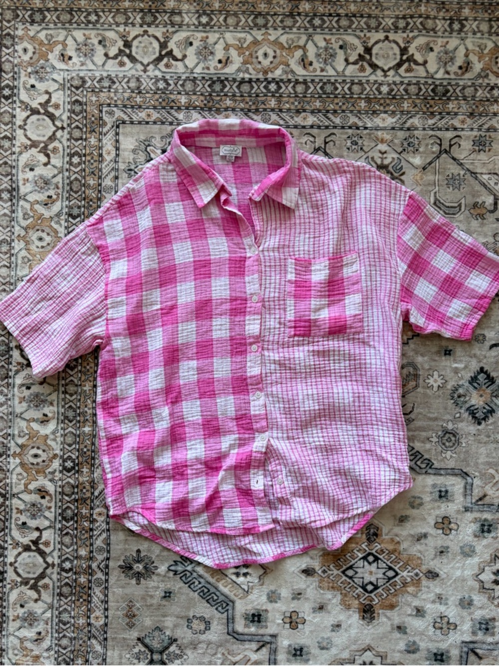 Mud Pie Pink Check Short-Sleeve Button-Up Shirt